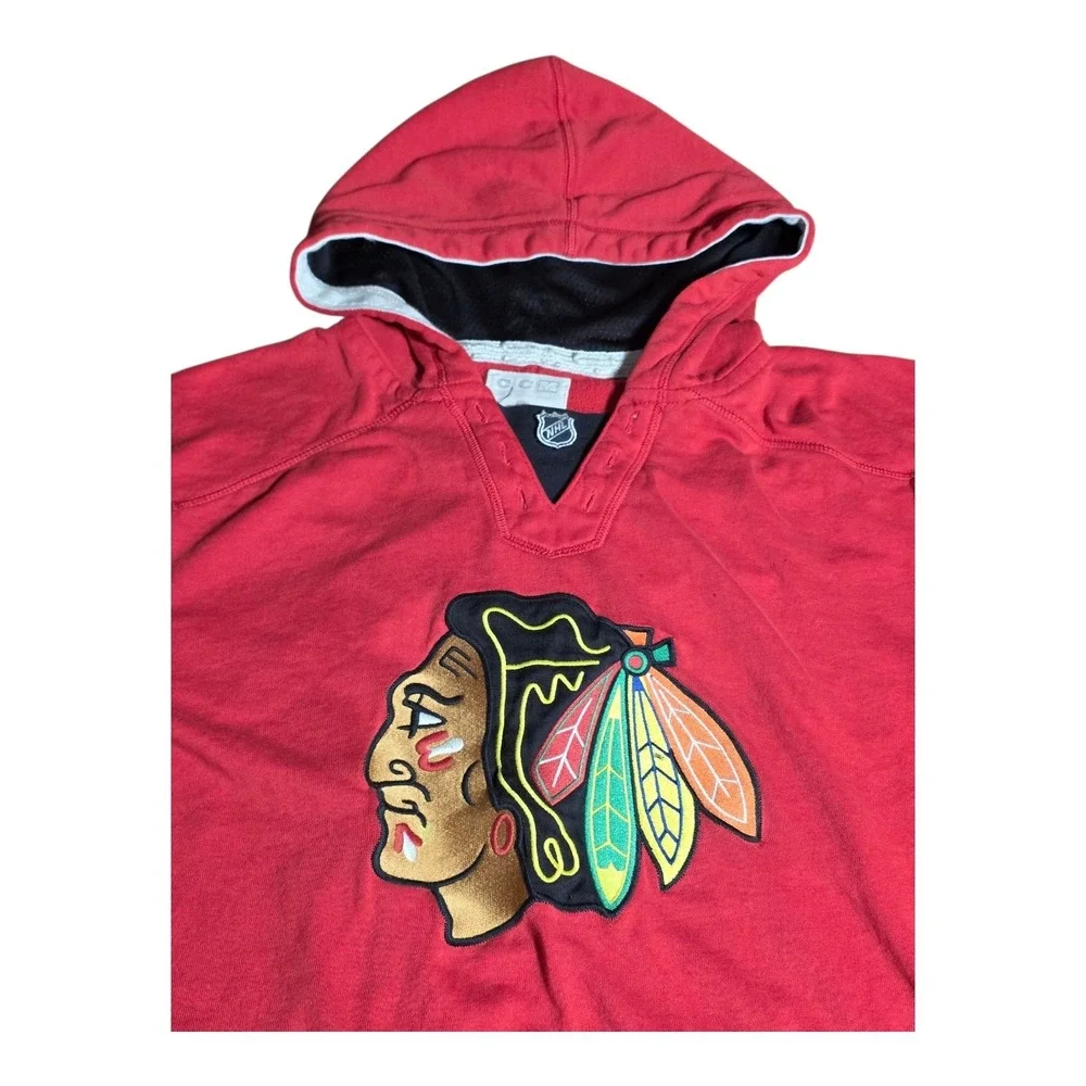 Vintage CCM NHL Chicago Blackhawks Hoodie Sweatshirt Red Black XL A27